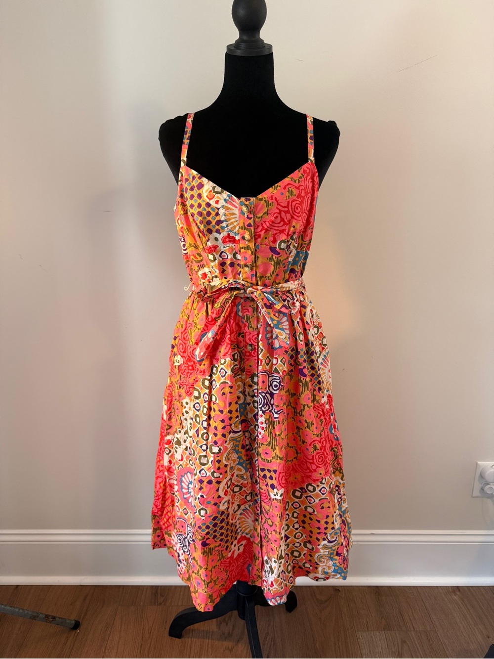 J.Crew Size 6 Colorful Abstract Print Tie Waist Button Front Midi Dress